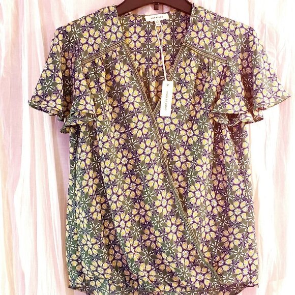 MAX STUDIO - Print Blouse XS Green, Blue and Yellow Short Sleeve - Picture 2 of 5